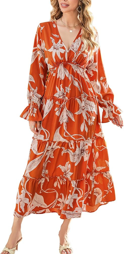 MISSKY Women's Casual Bohemian Floral Printed Sexy V Neck Long Sleeve Beach Flowy Maxi Dress | Amazon (US)