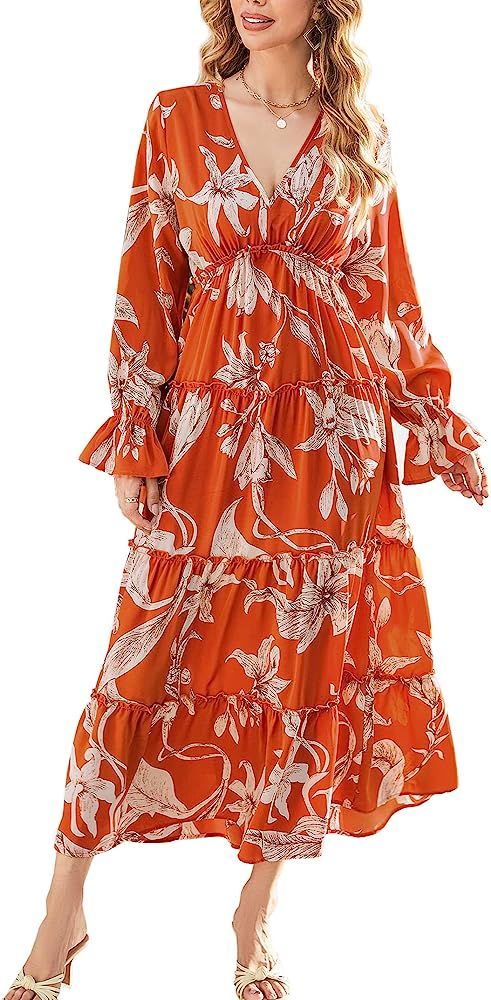 MISSKY Women's Casual Bohemian Floral Printed Sexy V Neck Long Sleeve Beach Flowy Maxi Dress | Amazon (US)