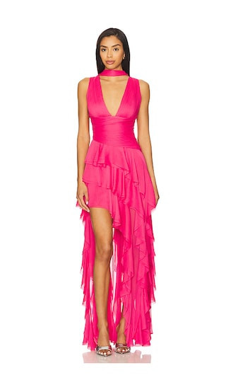 Alice + Olivia Holly Ruffle Maxi Dress With Scarf in Pink. - size 10 | Revolve Clothing (Global)
