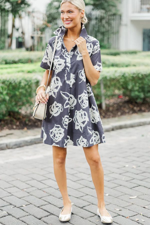 Back To You Charcoal Gray Floral Dress | The Mint Julep Boutique