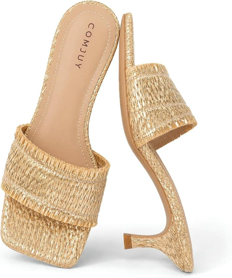 Amazon.com | COMJUY Womens Gold Heels Low Heel Sandals Open Toe Braided Sandals Cute Beach Vacati... | Amazon (US)