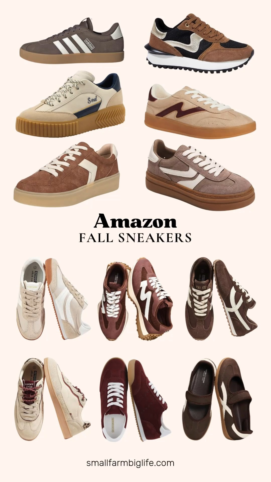 Fall sneakers are all about warm neutrals and retro silhouettes this season, and this lineup has a comfortable option for every style. The Sorel Ona Ave sneaker in beige and navy and the adidas VL Court 3.0 in earth strata and chalk white are both classic, versatile everyday picks.

For a platform silhouette, the taupe and cream suede Project Cloud sneakers bring extra height with a memory foam insole, while the LUCKY STEP retro platform sneakers in brown and black add a similar trendy, walkable option. The LUCKY STEP fashion sneakers also come in dark brown and cream and beige and burgundy, both bringing that same retro, comfortable feel.

If you love a burgundy or wine tone, the Project Cloud Lecco lace up sneakers and the CUSHIONAIRE Topcat suede sneakers both lean into that rich fall color, while the Madden Girl Giia sneaker in tan and wine brings a fashion forward mix of the two. The Dr. Scholl's Madison lace up in dark honey brown is a classic, comfortable option for everyday wear.

Rounding out the group, the LUCKY STEP thin retro tennis sneakers in beige and white are a lightweight, minimal option perfect for workouts or errands, and the Project Cloud Mary Jane sneakers in chocolate brown and cream bring a fun, feminine twist to the classic sneaker silhouette.

#amazonfashion #fallsneakers #falloutfits #amazonfinds #fallshoes 

 #LTKootd #LTKActive #LTKOver40