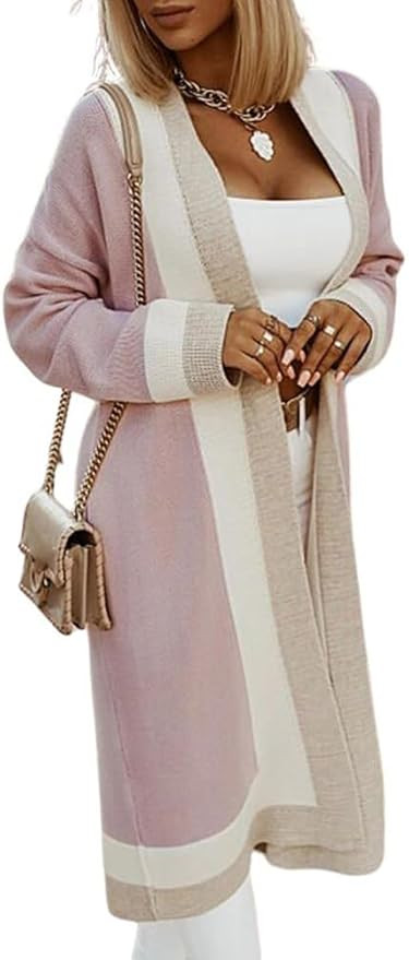 chouyatou Women's Fall Color Block Open Front Cardigan Sweater Casual Loose Hooded Knitted Long C... | Amazon (US)