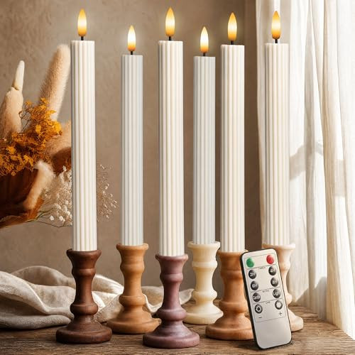 West Ivory 6 Pack, 10" LED Flameless Cream Beige Fluted Ribbed Grooved Taper Candles, Remote & 24h Timer Memory, On/Off Button, Dimmable, Flicker Mode, Battery Operated, Christmas Menorah Wedding | Amazon (US)