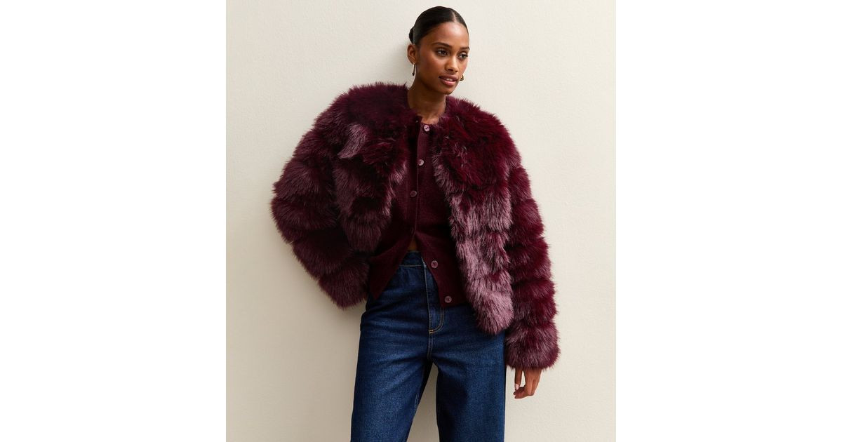 Dark Burgundy Panelled Faux Fur Jacket | New Look | New Look (UK)