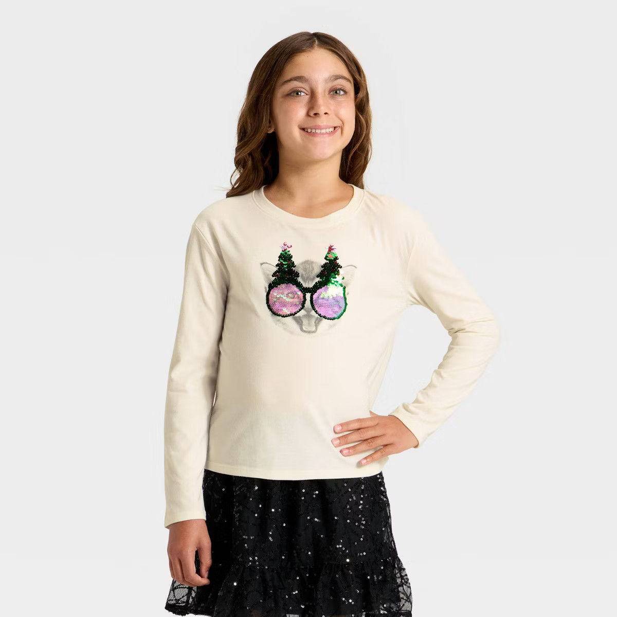 Girls' Long Sleeve 'Christmas Cat' Flip Sequin T-Shirt - Cat & Jack™ Cream | Target