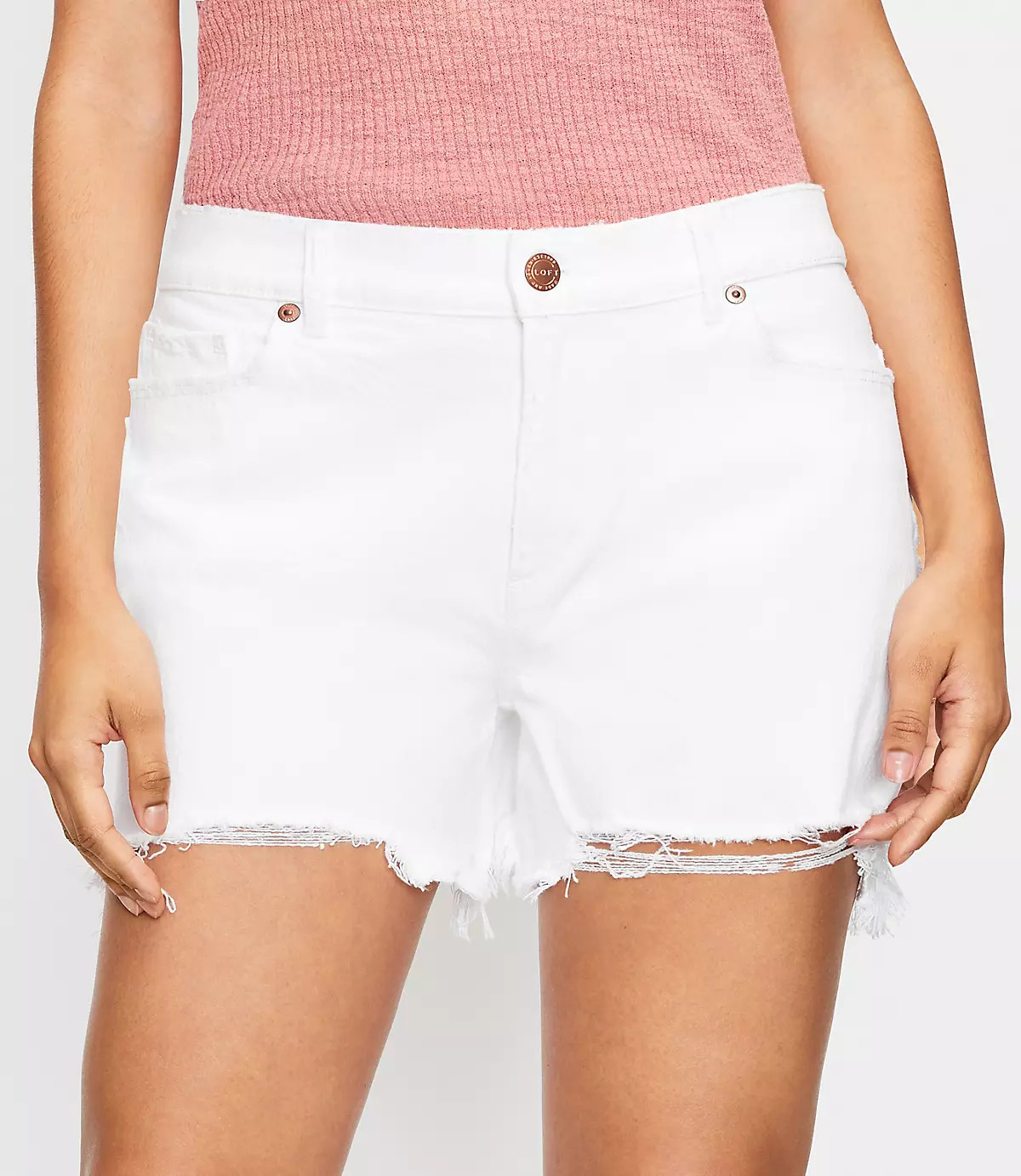 The Curvy Frayed High Waist Cut Off Denim Short in White | LOFT | LOFT