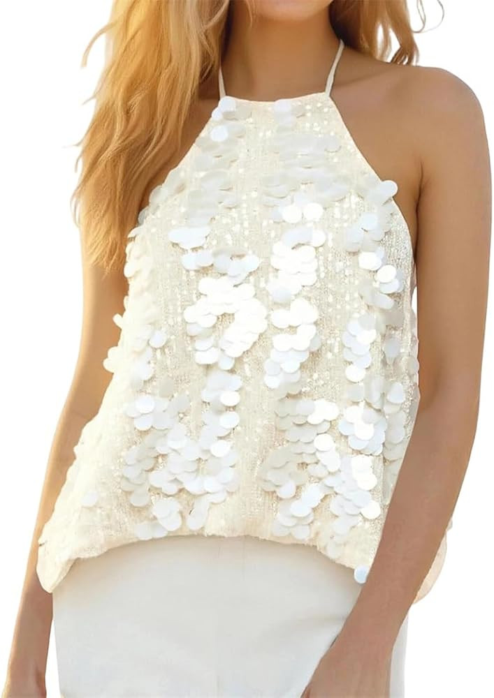 Women Party Sequins Tie-Up Sleeveless Backless Crop Tank Top Summer Vest Female | Amazon (US)