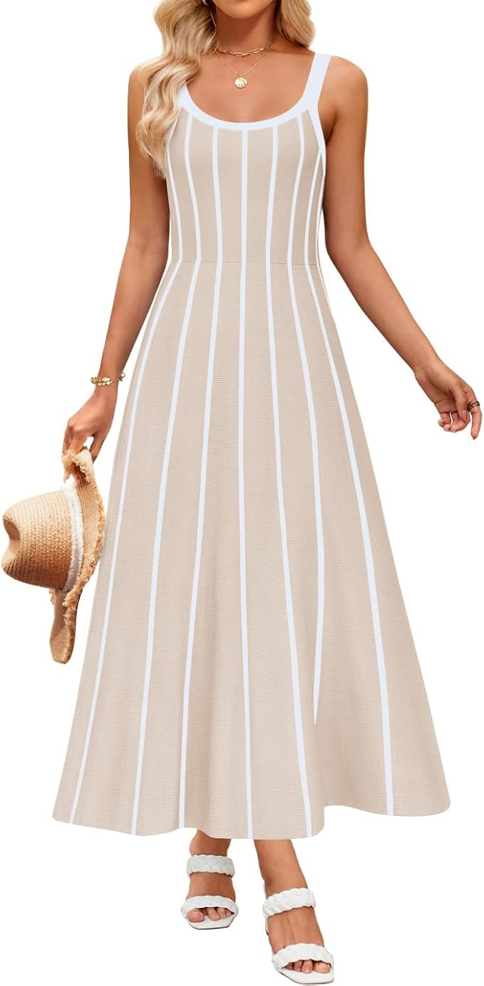 ZESICA Womens 2025 Summer Sleeveless Striped Midi Dresses Casual A Line Swing Knit Long Dress Bea... | Amazon (US)