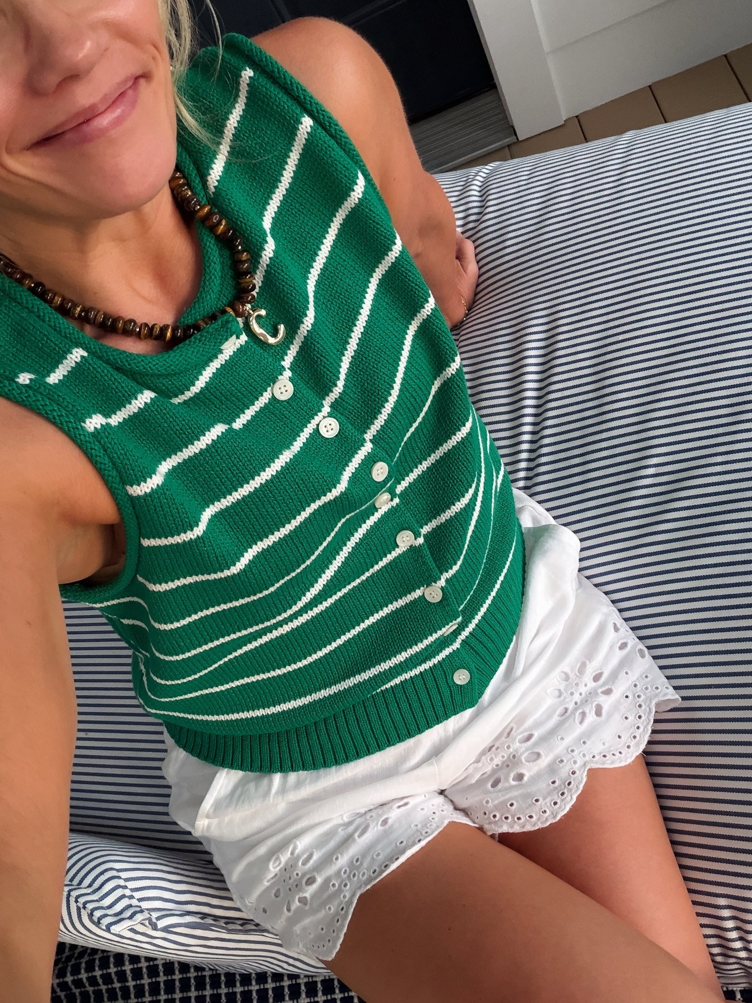 Shorts are fully linked an an easy fit but still wearing my regular size small, wearing nude EBY underwear always (size up to Medium) Bauble bar initial beaded necklace and the bracelet that outlasted my Dorsey style. Alex Mill vest fits tts and found in stock at ShopBop! xo, Claire

#LTKootd #LTKOver40 #LTKSeasonal