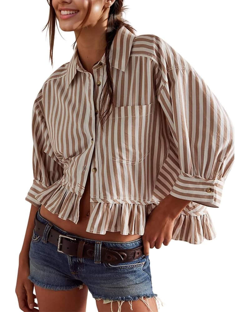 InterNos Womens Striped 3/4 Sleeve Blouse Loose V Neck Button Down Ruffled Hem Vertical Shirt Top... | Amazon (US)