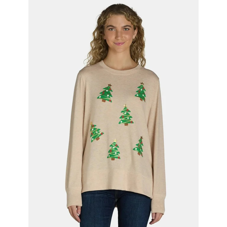 Women's Christmas Twinkle Trees Graphic Crewneck Hacci Sweater Top from Holiday Time, Sizes S-XXX... | Walmart (US)