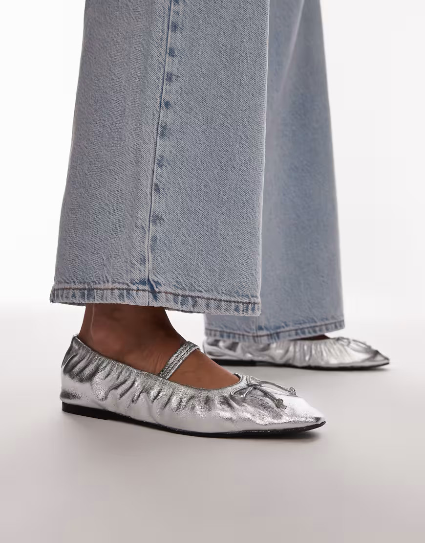 Topshop Chia leather ruched ballet flats with strap in silver | ASOS (Global)