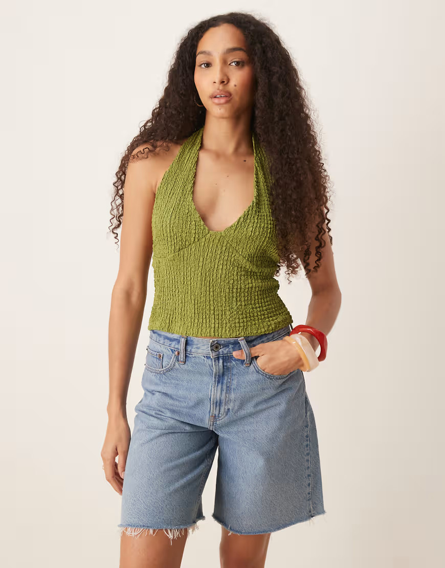 ASOS DESIGN texture halter neck top in green | ASOS (Global)