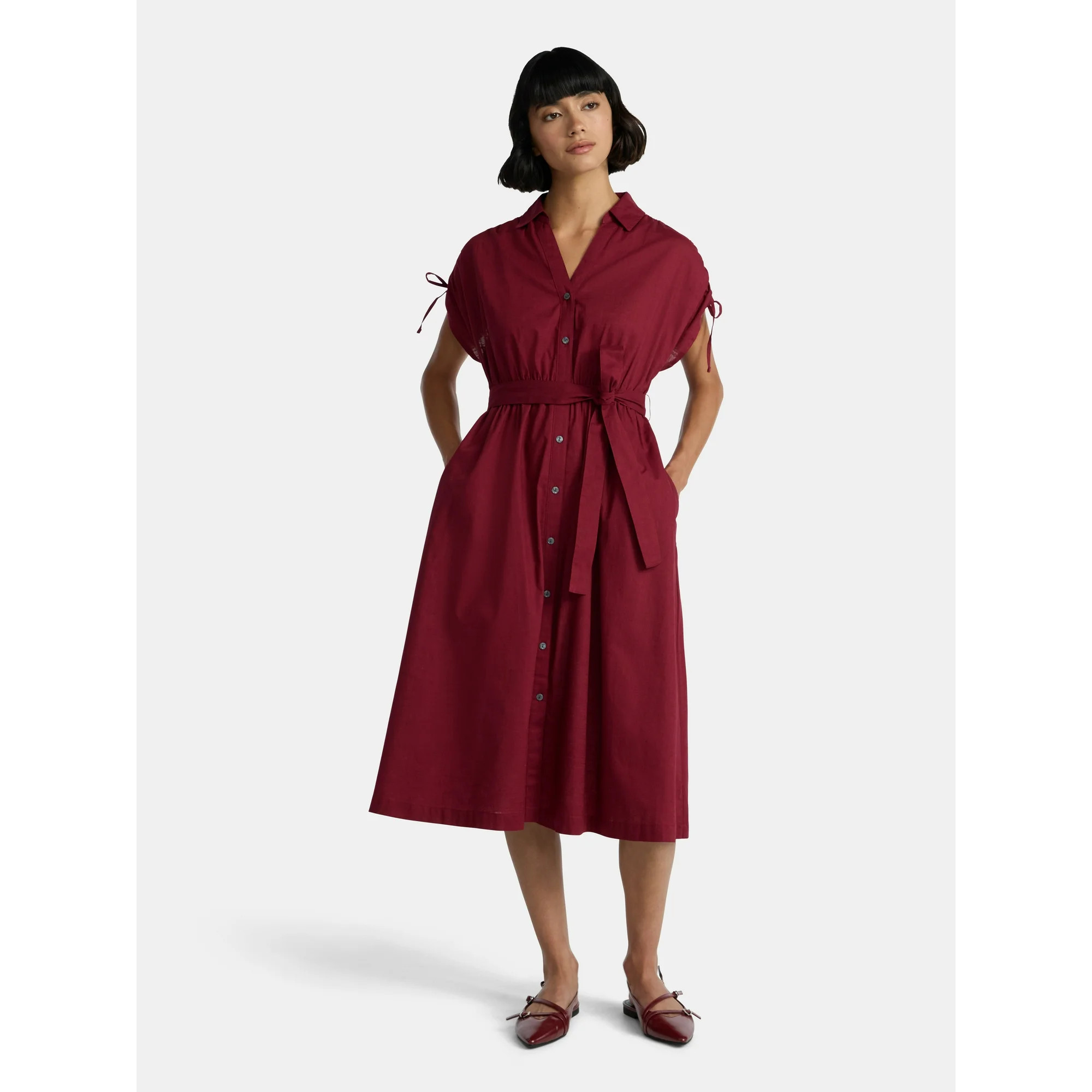 Time and Tru Women's Tie Front Button Down Shirt Dress, Sizes XS-XXXL | Walmart (US)