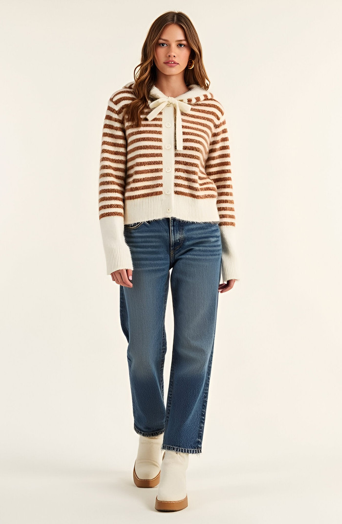 Striped Button-Up Cardigan Hoodie with Ribbon Tie and Ribbed Hem | Nordstrom