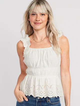 Sleeveless Waist-Defined Ruffle-Trimmed Embroidered Babydoll Blouse for Women | Old Navy (US)