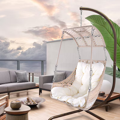 Forclover Patio Swing Hammock Egg Chair Rattan Beige White Metal Frame Hanging Egg Chair with Off... | Lowe's
