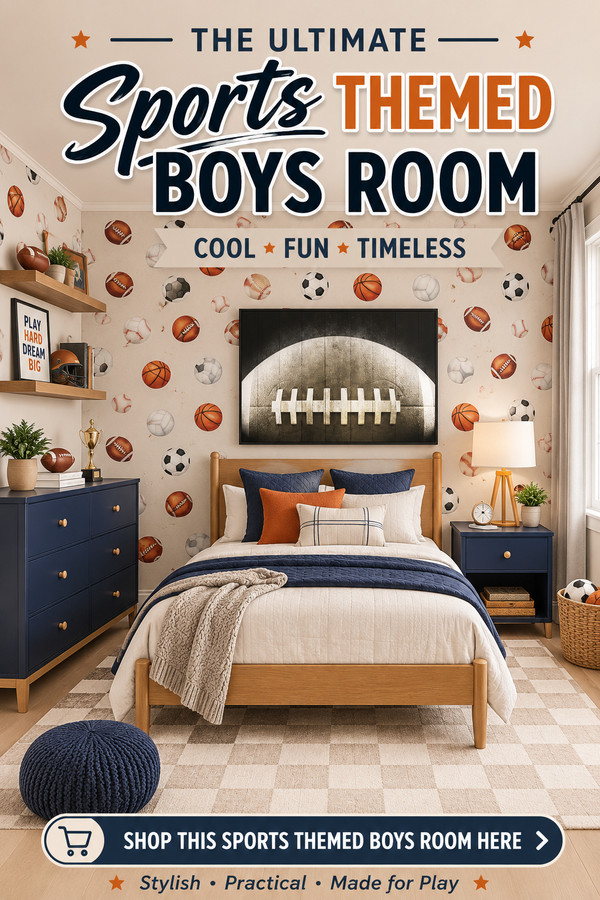 Design a fun and timeless sports themed boys room with cozy bedding, playful sports wallpaper, rich navy furniture, foot