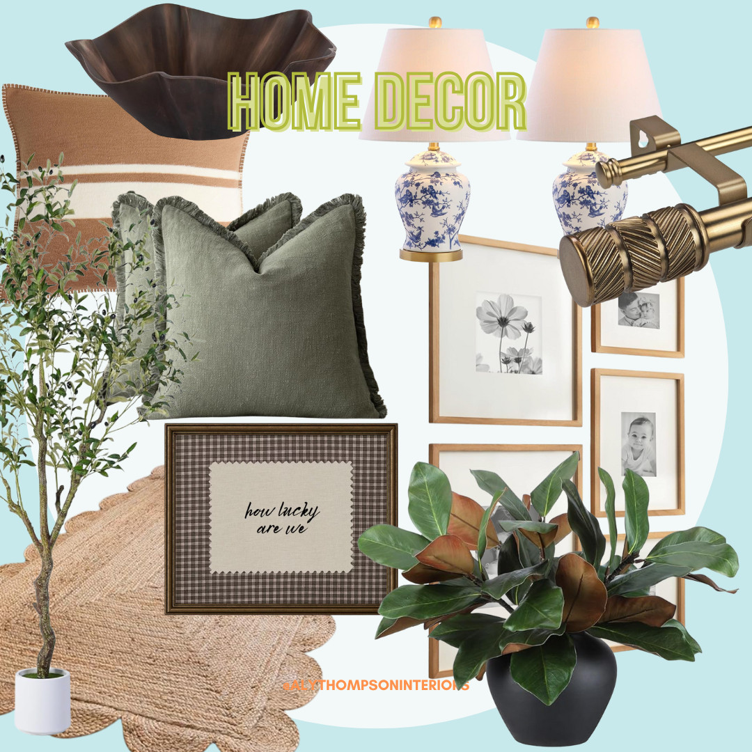 Home Decor | Wooden Bowl | Accent Lamps | Throw Pillow | Accent Pillows | Gallery Wall | Framed Prints | Faux Tree | Artificial Tree | Scalloped Jute Rug | Potted Faux Plant | Gold Brass Curtain Rod 

 #LTKHome #LTKSaleAlert #LTKFindsUnder100