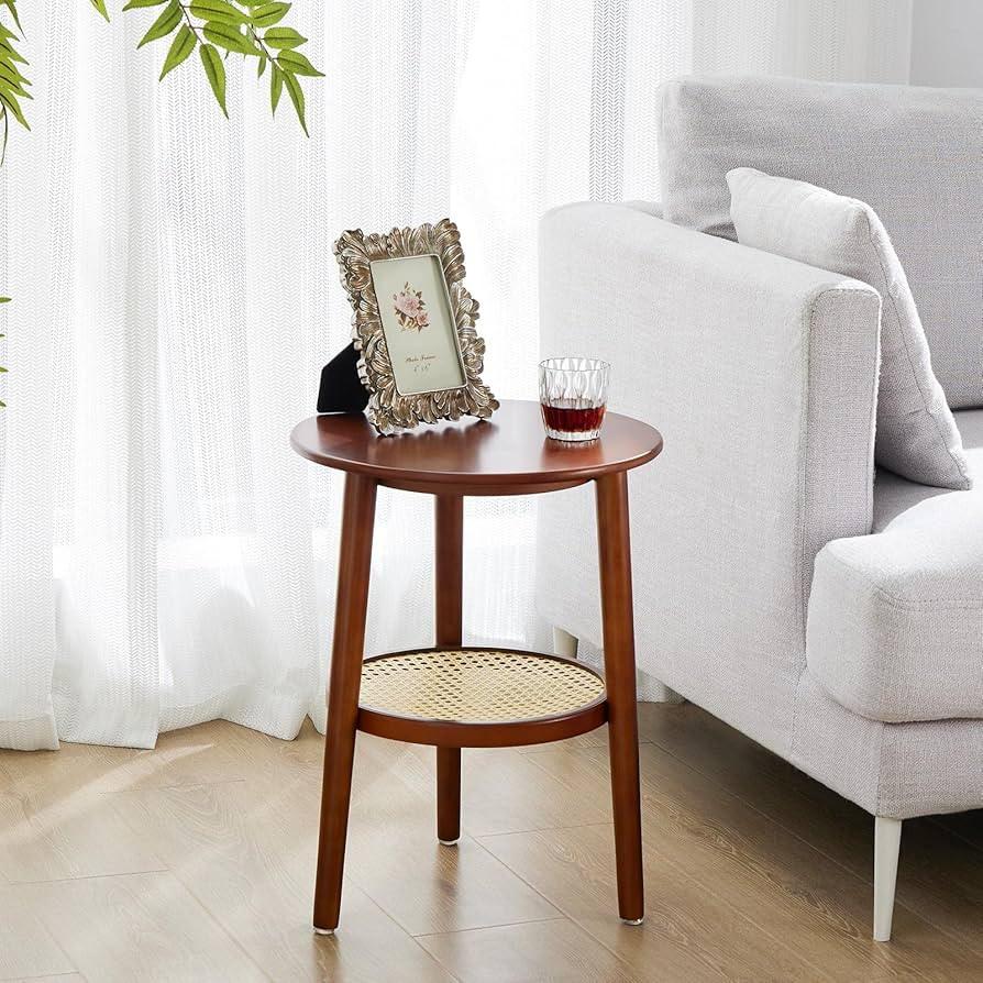 APICIZON Round Side Table with Storage, Brown Rattan Nightstand Bedside Table, 2 Tier End Table f... | Amazon (US)