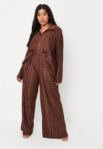 Missguided - Plus Size Brown Co Ord Plisse Wide Leg Trousers | Missguided (UK & IE)