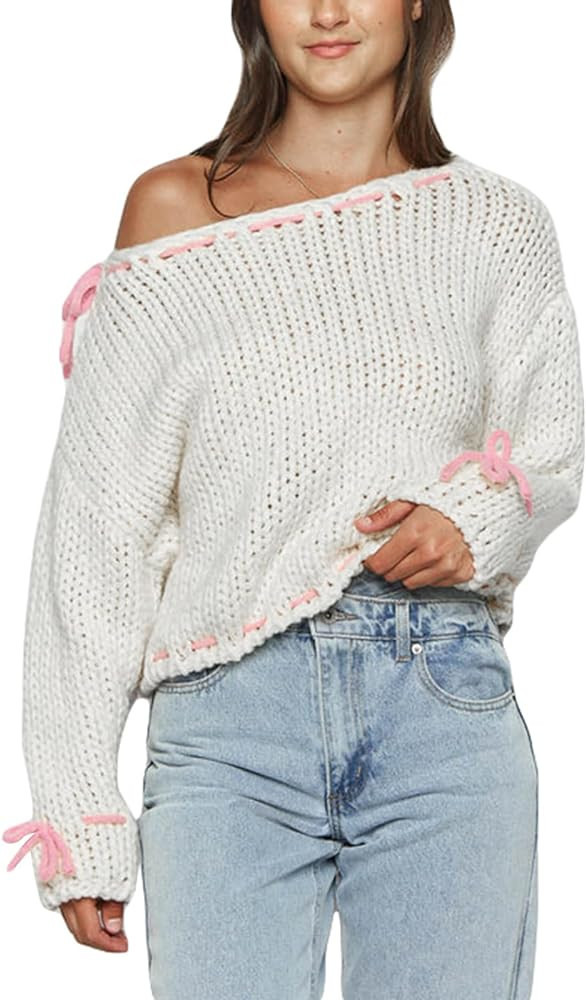 Women Cute Ribbon Lace Up Bow Knit Sweater Y2k Fairy Grunge Loose Fit Pullover Knitted Jumper Vin... | Amazon (US)