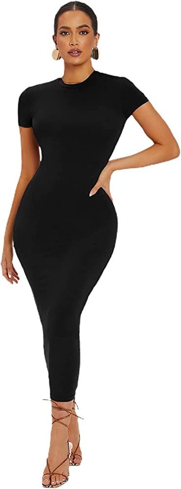 Verdusa Women's Round Neck Cap Sleeve Solid Long Pencil Bodycon Dress | Amazon (US)