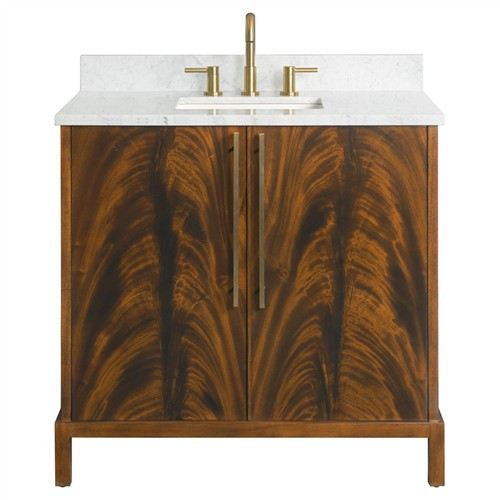 Ridge Updated Traditional White Marble Brown Mahogany Wood Vanity Sink - 37" | Kathy Kuo Home
