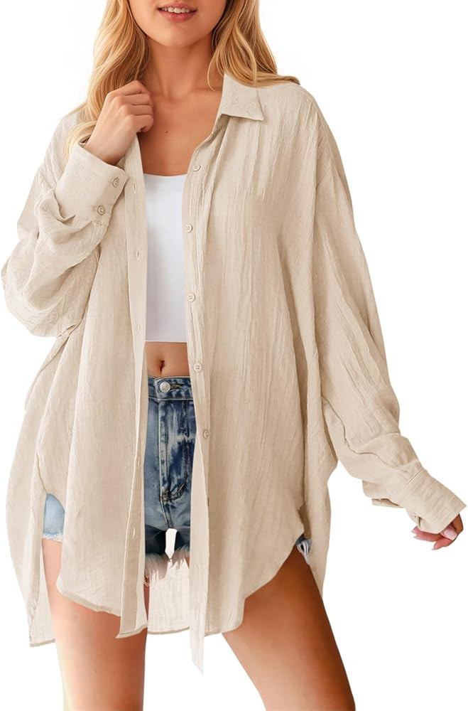 Saodimallsu Womens Oversized Button Down Shirts Long Sleeve Irregular Hem Blouse Tops | Amazon (US)