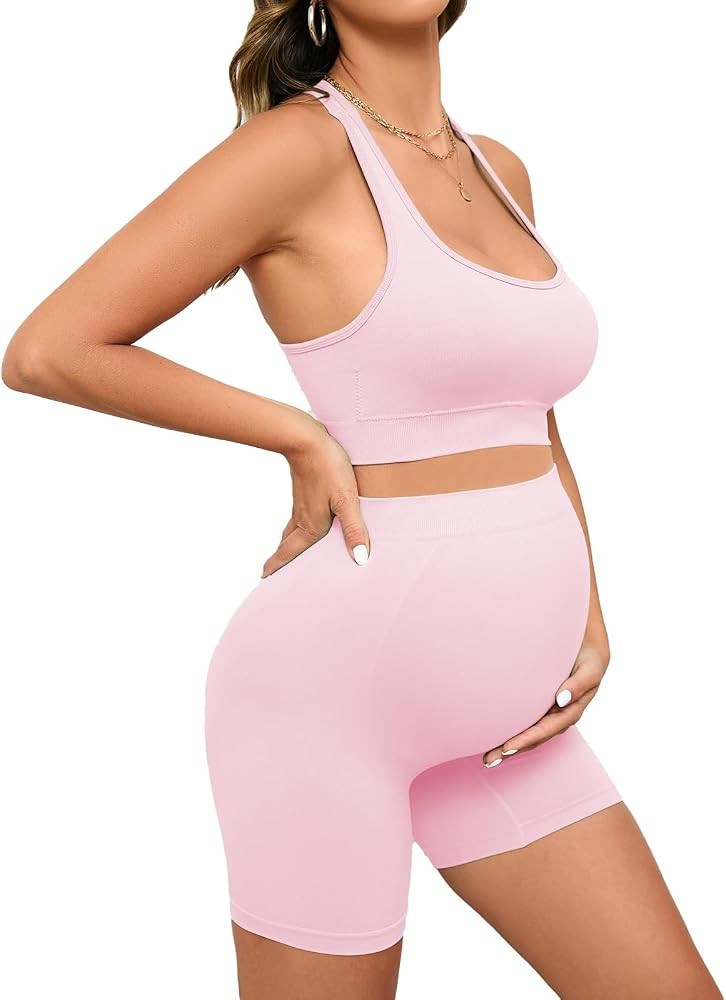 Women 2 Piece Maternity Outfits Seamless Ribbed Built in Bra High Waist Over Belly Pregnancy Work... | Amazon (US)