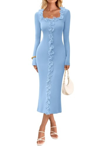 MEROKEETY Women's Fall Long Sleeve Sweater Dress 2025 Bodycon Square Neck Ruffle Ribbed Knit Midi... | Amazon (US)