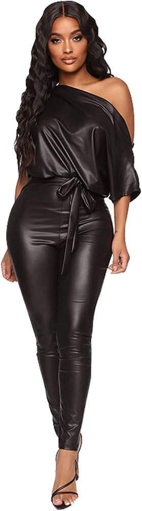 MELDVDIB Women's Black Leather Jumpsuit Sexy Off Shoulder One Piece Bodycon Rompers Belted Party ... | Amazon (US)