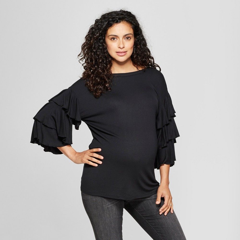 Maternity Flounce Sleeve Knit Top - Isabel Maternity by Ingrid & Isabel Black Xxl, Women's | Target