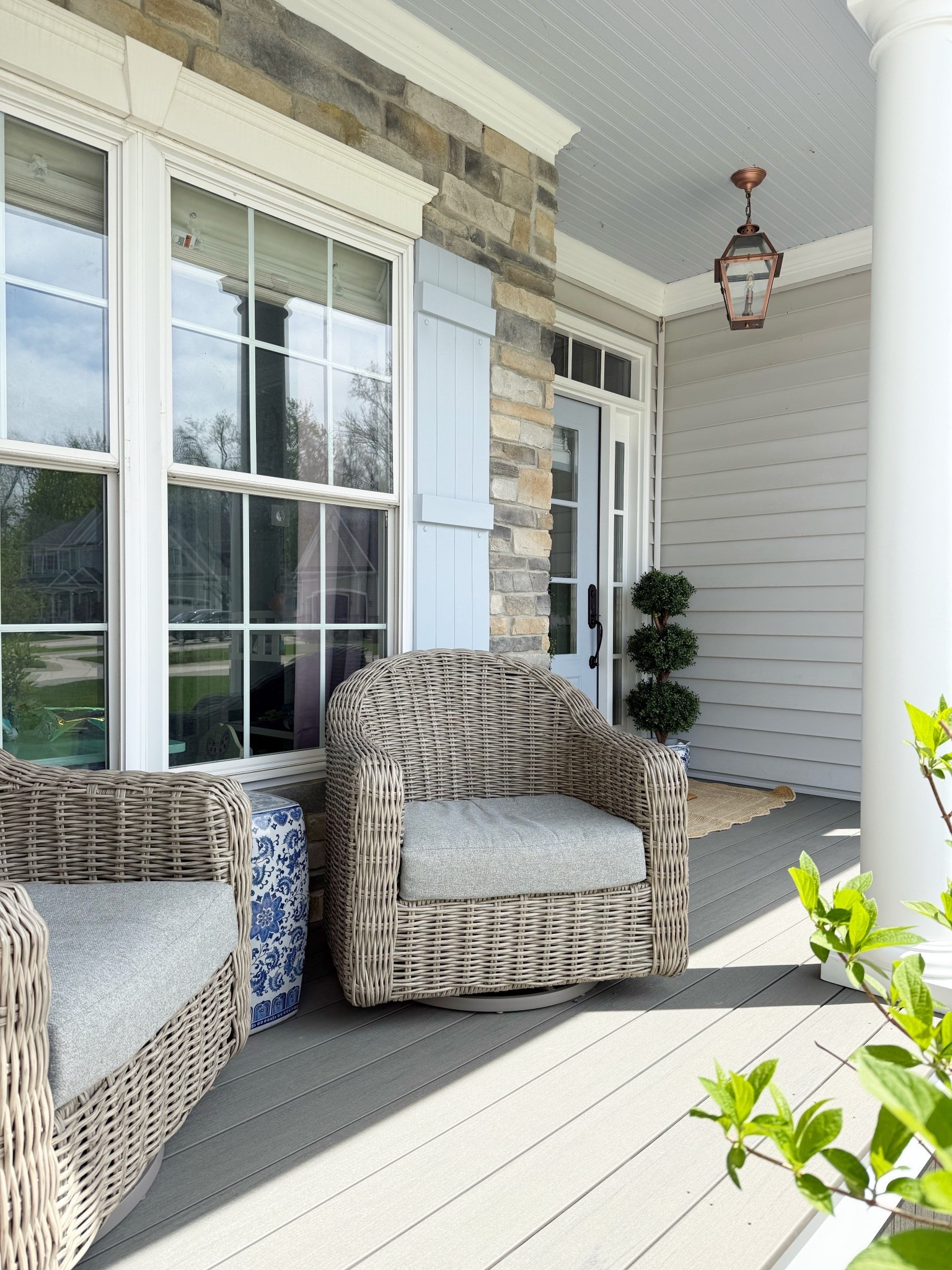 Front porch vibes- Walmart swivel outdoor chairs, faux, topiary, blue, and white planters copper outdoor light fixture

#LTKHome #LTKmomlife #LTKSaleAlert