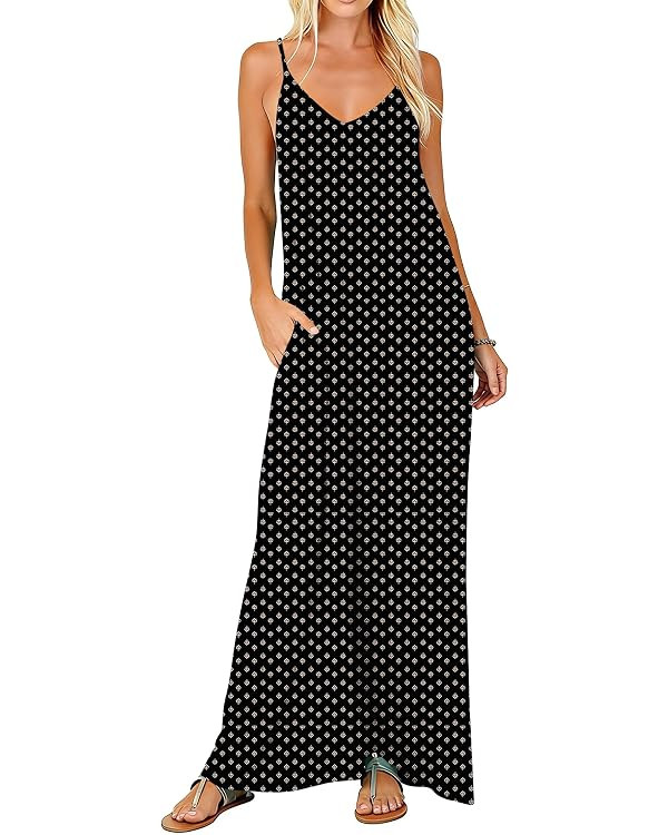 Poetsky Womens Casual Strappy V Neck Sleeveless Flowy Pockets Loose Long Maxi Beach Dress Sundres... | Amazon (US)