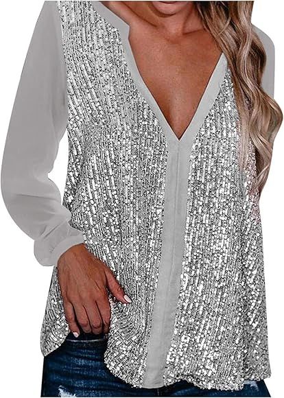 Women Sequins Top Long Sleeve Shirt Shiny Sequined Shirt Casual Pullover Tops Workout Blouse Loos... | Amazon (US)