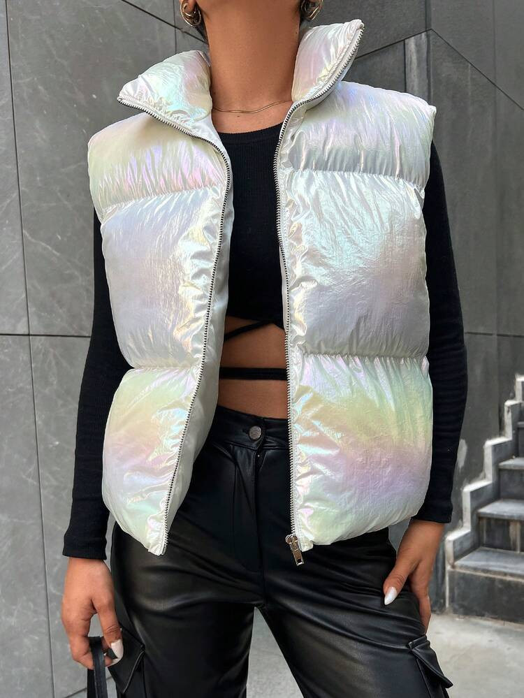 SHEIN PETITE Holographic Zip Up Puffer Vest Coat | SHEIN