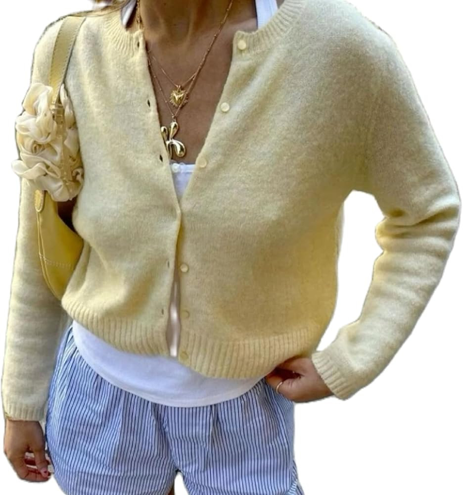 NUFIWI Women Y2k Knit Crop Cardigan Button Down Open Front Lightweight Shrug Sweater Long Sleeve ... | Amazon (US)