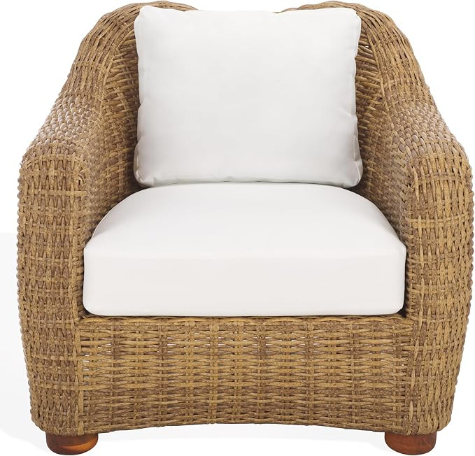 SAFAVIEH Couture Outdoor Collection Melbourne Natural/White Cushion Wicker Patio Accent Chair | Amazon (US)