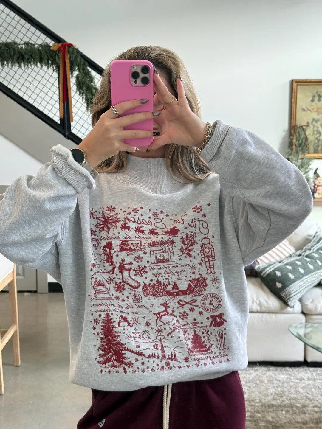 Nostalgic Christmas Mock Neck Sweatshirt — Vintage Red Graphic | Etsy (US)