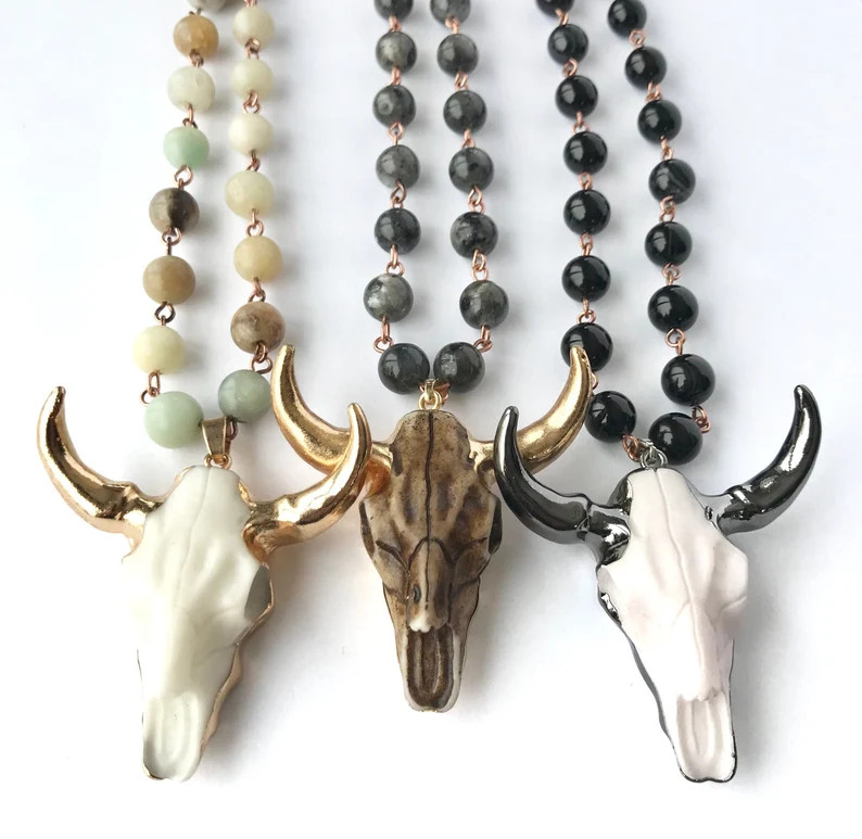 Bull Skull Necklace Bull Skull Pendant Steer Necklace Long Western Necklace Horn Necklace Boho Ne... | Etsy (US)