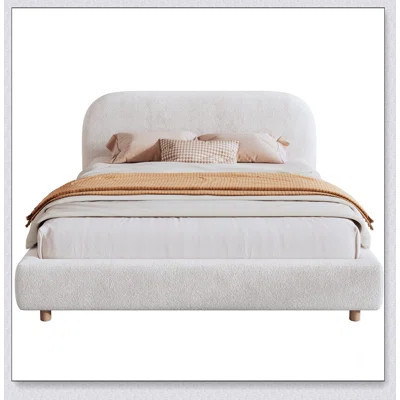 Queen Size Platform Bed With Boucle Fabric, Boucle Fabric Upholstered Platform Bed With Curve-Shaped Design Headboard, White, Easy Assembly | Wayfair North America