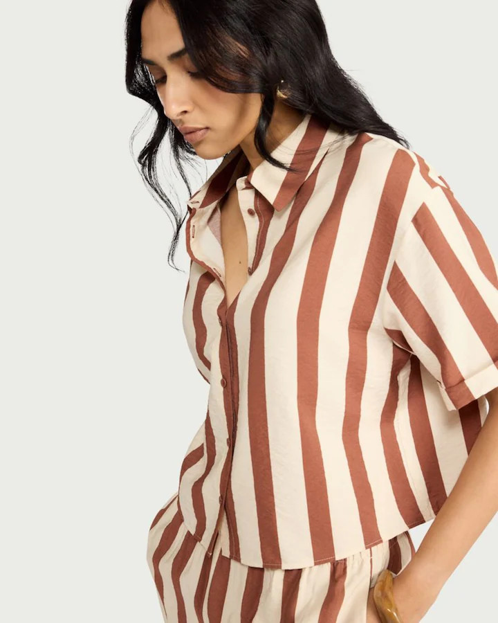 F&F Striped Button Up Co-ord Shirt in Multi Brown | Tesco F&F