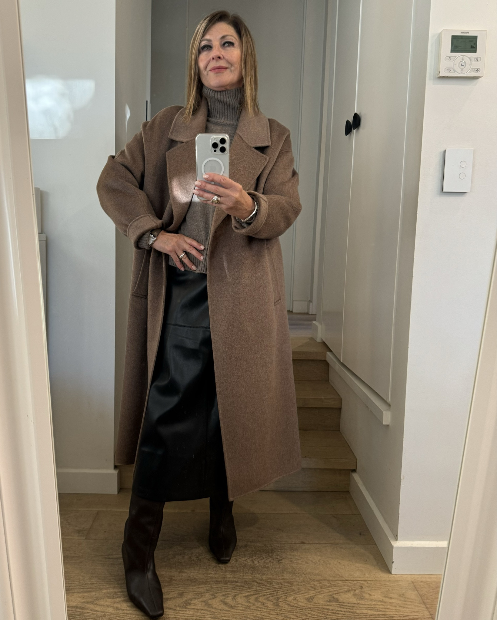 It’s about coats & boots this winter.
Long boots. Big coats. 
Go for choc brown boots knee high boots and an oversized delicious brown coat.  
Then just slot in your current favorites under there in browns, black & grey .
Shop the look & steal my style here 