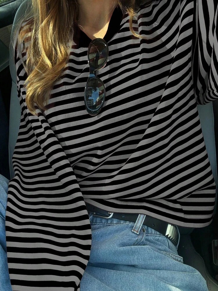 Women's Casual Drop Shoulder Crew Neck Striped Contrast Color Ribbed Everyday T-Shirt Spring | SHEIN