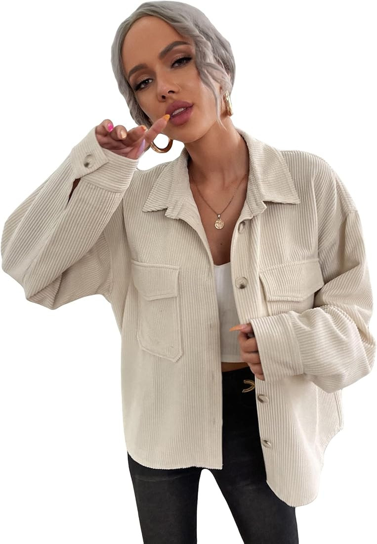MakeMeChic Women's Corduroy Shacket Jacket Casual Long Sleeve Button Down Shirt Jacket Coat | Amazon (US)
