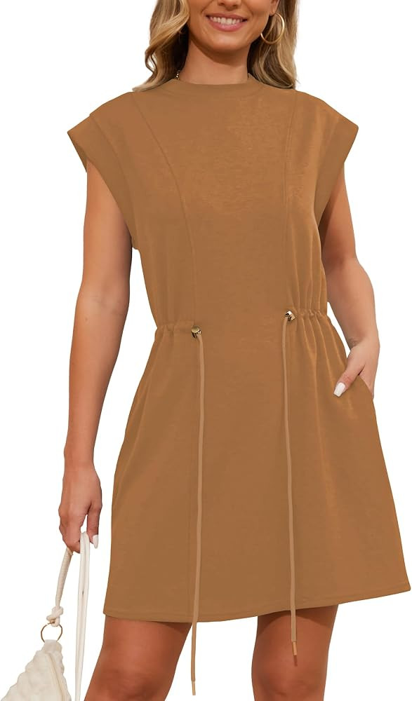 Womens Summer Dresses Cap Sleeve Crew Neck Casual Loose T Shirt Dress Drawstring Waist Dress with... | Amazon (US)
