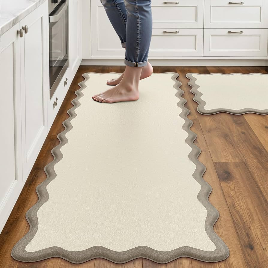 Arenarug Scalloped Kitchen Mats for Floor, Khaki Kitchen Rugs Set of 2 | Amazon (US)