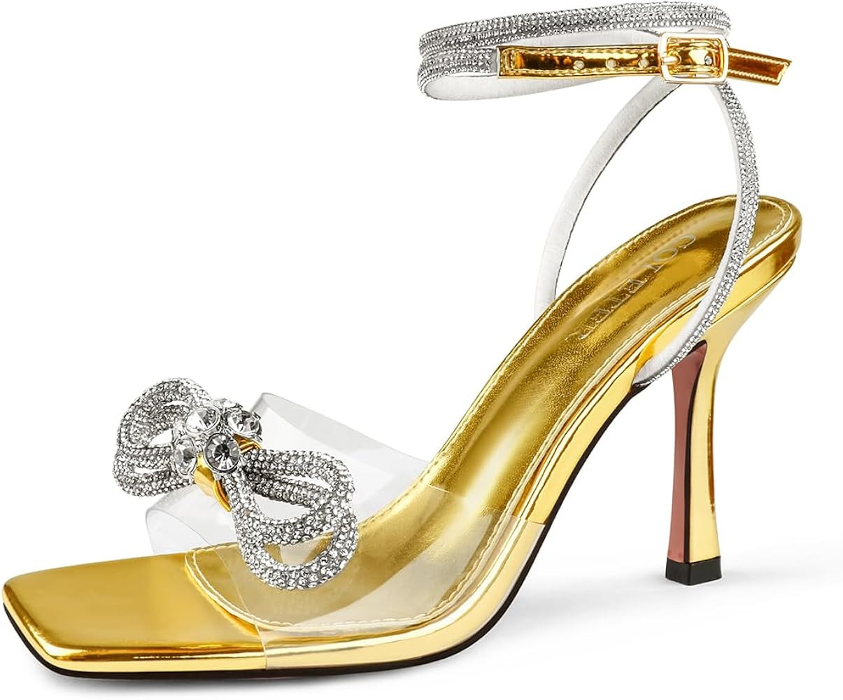 COLETER Womens Clear Rhinestones Bow Heels Sandals Slingback Lace Up Stilettos Square Toe Wedding... | Amazon (US)